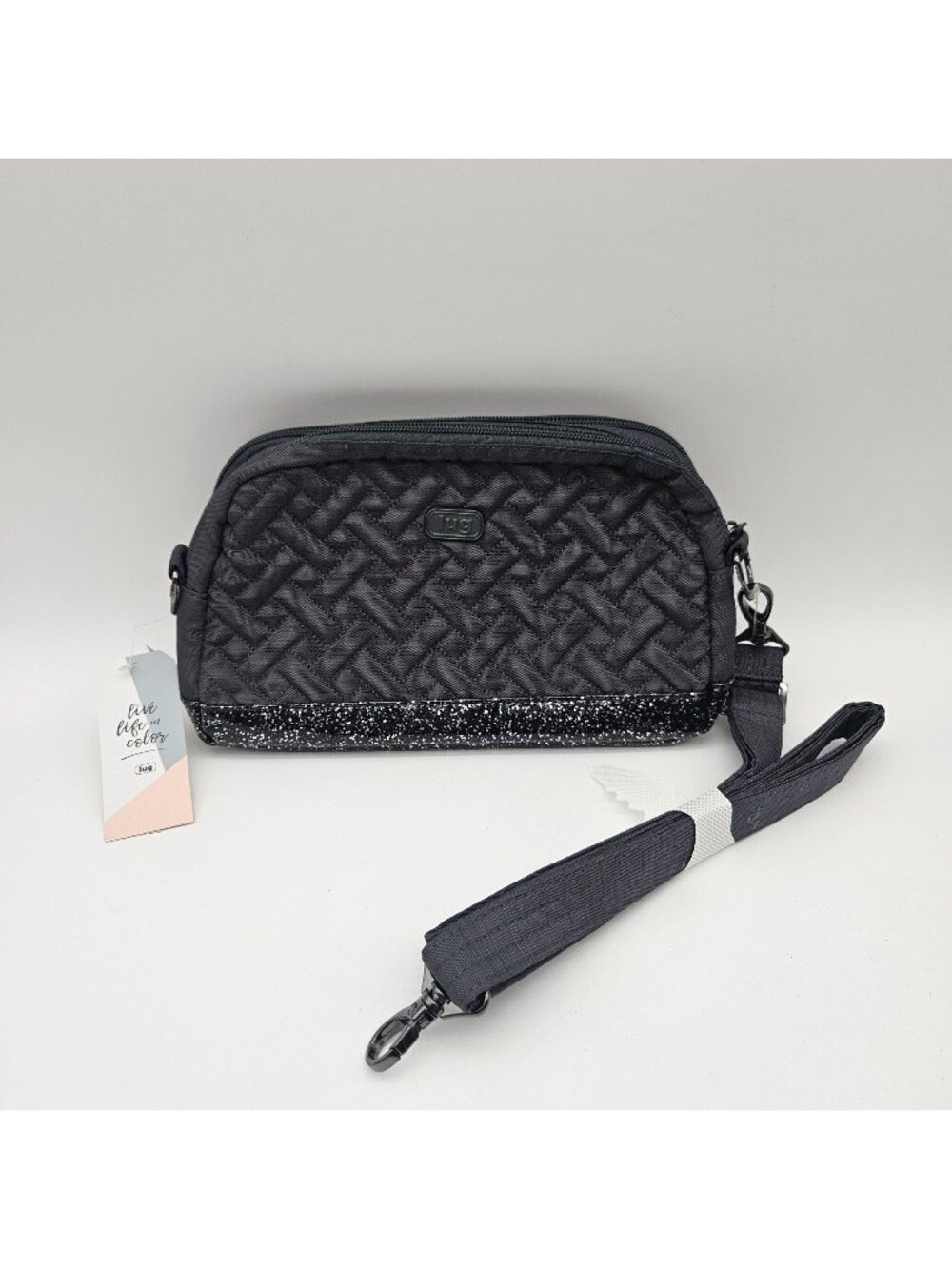 LUG Punter Small Crossbody RFID Handbag Dark Gray Quilted Glitter Bottom NWT